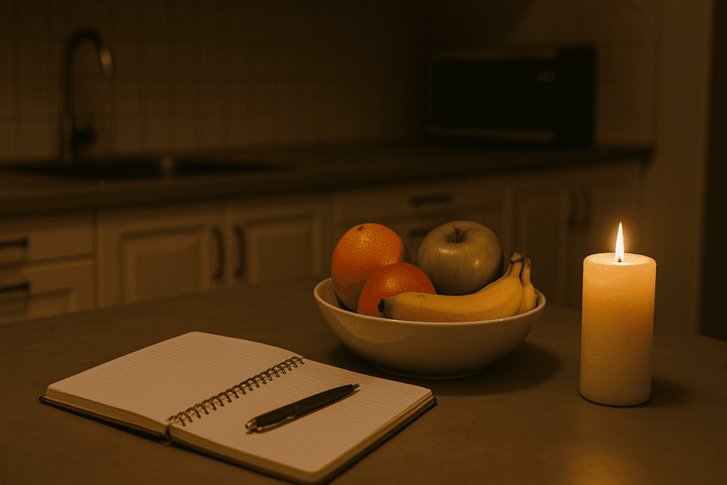 A clean kitchen countertop at night features a bowl of fresh fruit, an open journal, and a flickering candle, all softly illuminated by warm directional light. This symbolic composition visually conveys the balance of thoughtful planning and nutritious choices essential to healthy weight loss meals.
