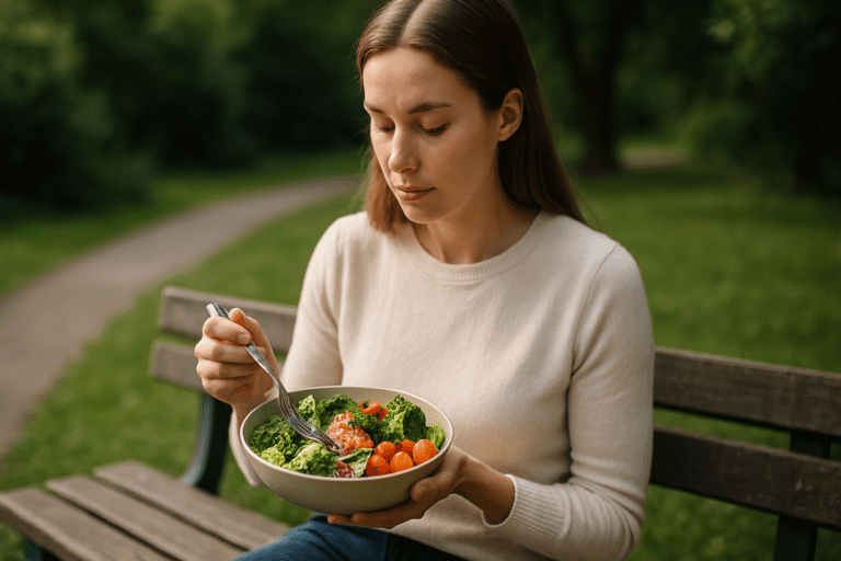 A young woman sits peacefully on a wooden park bench, eating a nutrient-dense salad with grilled salmon, avocado, broccoli, and tomatoes. Soft natural lighting and a lush green backdrop emphasize the theme of healthy meals and outdoor wellness for a balanced lifestyle.