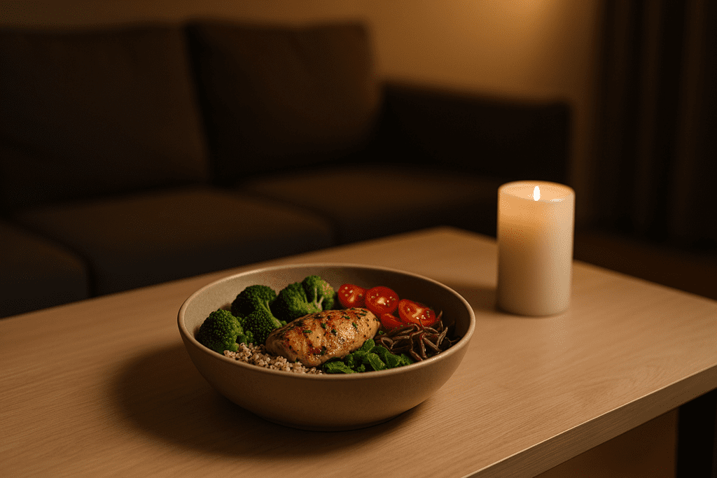 A shallow beige bowl of quinoa, grilled chicken, and colorful vegetables sits centered on a wooden table beside a softly glowing candle. The minimal, warmly lit space reflects mindful eating and the science-backed benefits of balanced meals in a home environment.