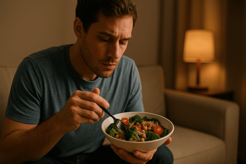 A young man sits thoughtfully on a sofa in a softly lit room, eating a vibrant salad filled with nutrient-rich greens and vegetables. His calm posture and the cozy interior setting reinforce the theme of healthy meals supporting personal wellness and reflection.