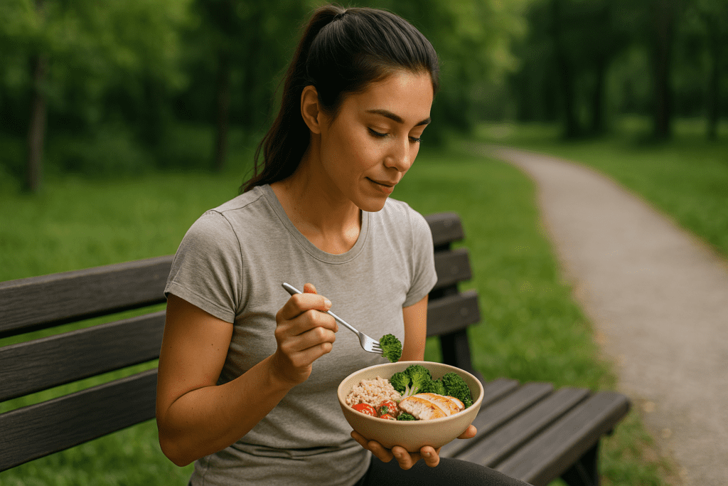 A fit young woman eats a balanced meal of grilled chicken, quinoa, and cherry tomatoes while seated on a bench in a sun-drenched park. The tranquil outdoor setting and wholesome food clearly support the message of choosing scientifically backed healthy meals for an energized lifestyle.