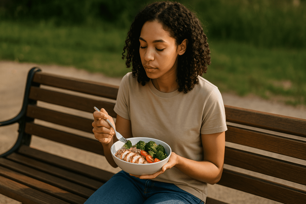 A young woman with light brown skin and curly dark hair sits alone on a wooden park bench in the afternoon, eating a colorful, healthy meal of grilled chicken, quinoa, broccoli, and cherry tomatoes. Surrounded by soft greenery and warm sunlight, the serene outdoor setting reflects the theme of healthy dinner ideas for one person through a mood of mindful, solitary nourishment.