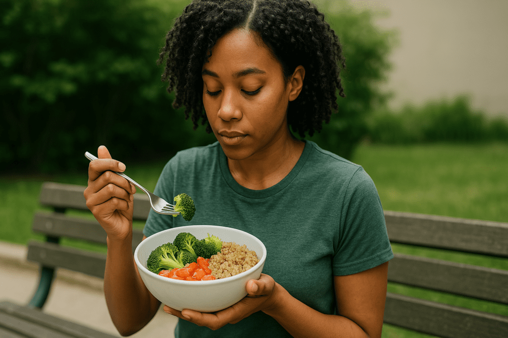 A young African-American woman with natural hair enjoys a quiet solo meal of quinoa, steamed broccoli, and tomatoes while seated on a rustic bench in a leafy park. The soft, natural light and her contemplative posture convey the essence of smart, satisfying healthy dinners for one, blending simplicity, nutrition, and personal reflection.