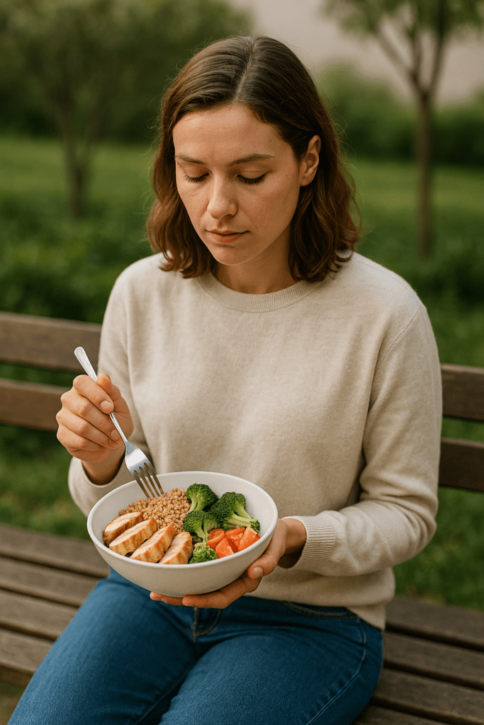 In this photorealistic outdoor scene, a young woman with shoulder-length brown hair and fair skin sits on a park bench during golden hour, focused on eating a nutritious bowl of grilled chicken, vegetables, and whole grains. The composition highlights peaceful solitude and the ease of preparing healthy, single-serving meals.