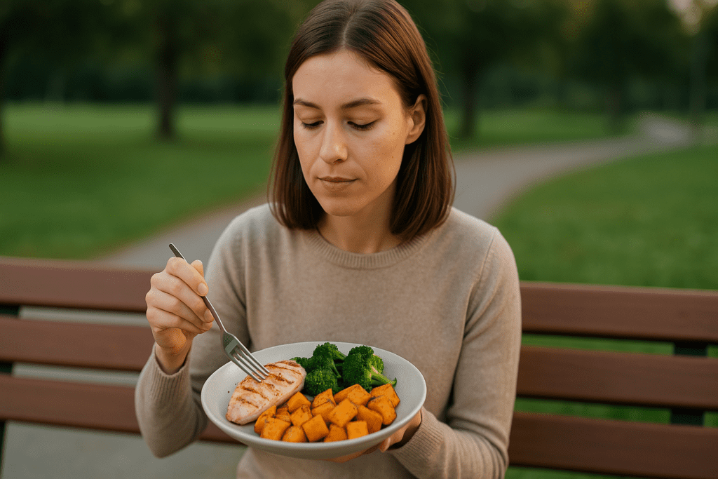 A young woman with chestnut-brown hair, dressed in a beige sweater, enjoys a balanced dinner of grilled chicken, broccoli, and sweet potatoes while sitting alone on a park bench in soft morning light. The gentle, focused setting embodies the article’s theme of healthy dinner ideas for one person by showcasing a calm, nourishing solo dining experience in nature.