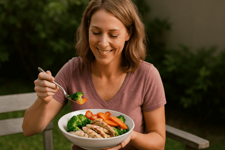 A Caucasian woman with shoulder-length blonde hair sits peacefully on a rustic gray bench in a garden, eating a colorful salad of grilled chicken, broccoli, tomatoes, and carrots. The soft natural morning light and surrounding greenery emphasize the relaxed outdoor setting, capturing the essence of smart and easy healthy dinner ideas for busy nights.