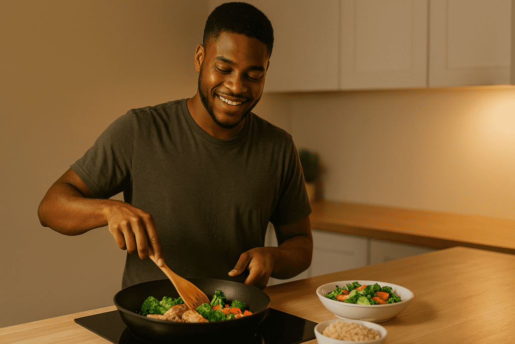 A young African American man in an olive T-shirt prepares a wholesome dinner in his sleek, modern kitchen under warm ambient indoor lighting. The scene highlights a skillet of vegetables and grilled chicken beside neatly plated brown rice and salad, visually reinforcing nutritious meals the whole family will love.