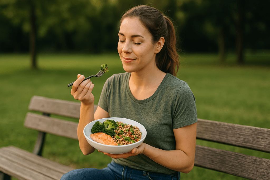 A young mother with brown hair tied in a ponytail relaxes outdoors on a wooden bench at sunset, enjoying a nutrient-rich bowl of salmon, quinoa, and steamed broccoli. The golden-hour lighting and natural park setting evoke a sense of calm and balance, aligning with healthy dinner ideas for busy evenings.