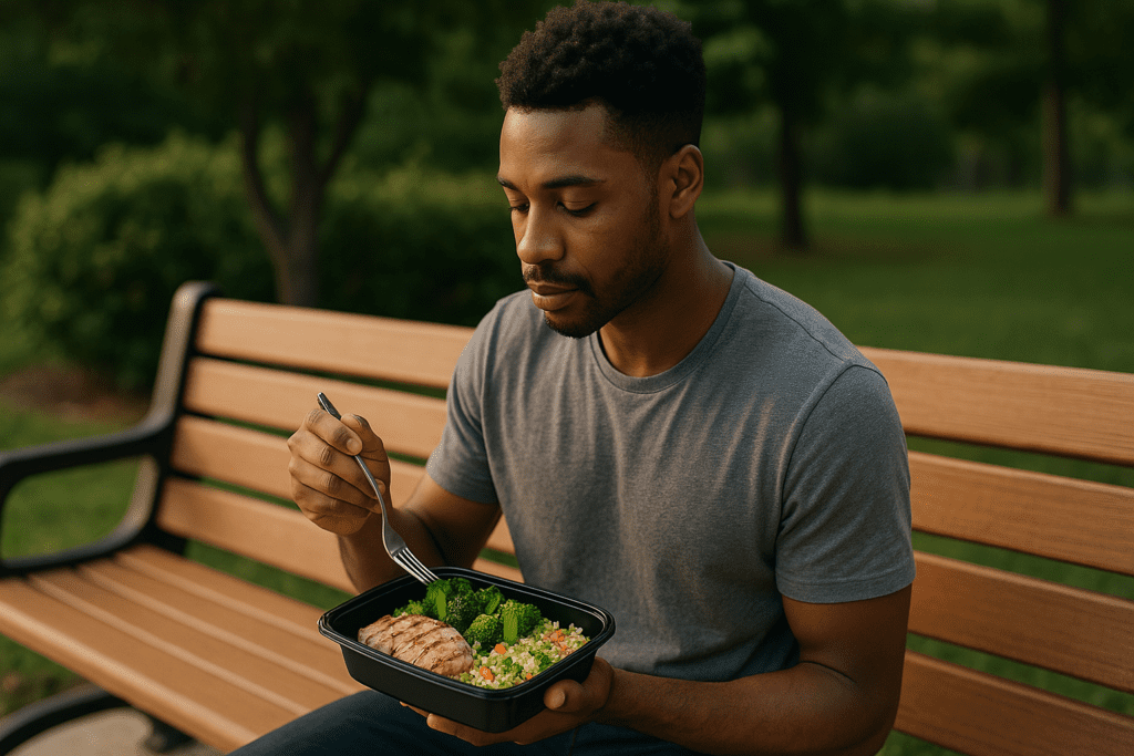 A young African American man in a gray T-shirt enjoys a quiet solo dinner of grilled chicken, broccoli, and rice while seated on a park bench surrounded by trees. The warm afternoon sunlight and minimalist outdoor setting reflect a simple and nourishing dinner moment, illustrating how to enjoy smart and healthy meals even on hectic nights.