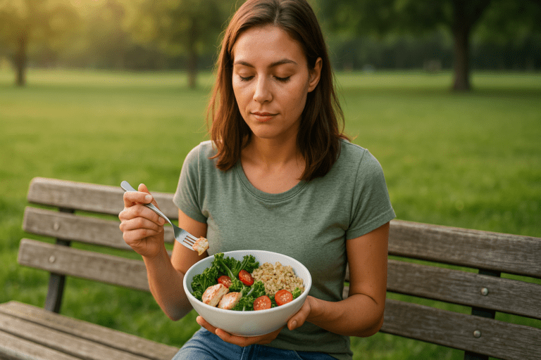 A young woman with a light tan complexion sits on a weathered park bench, enjoying a fresh, healthy dinner of grilled chicken and salad in soft afternoon light. The simple outdoor setting, surrounded by trees and wildflowers, reinforces the theme of smart and easy healthy dinner recipes for two with a focus on natural, nutritious choices.