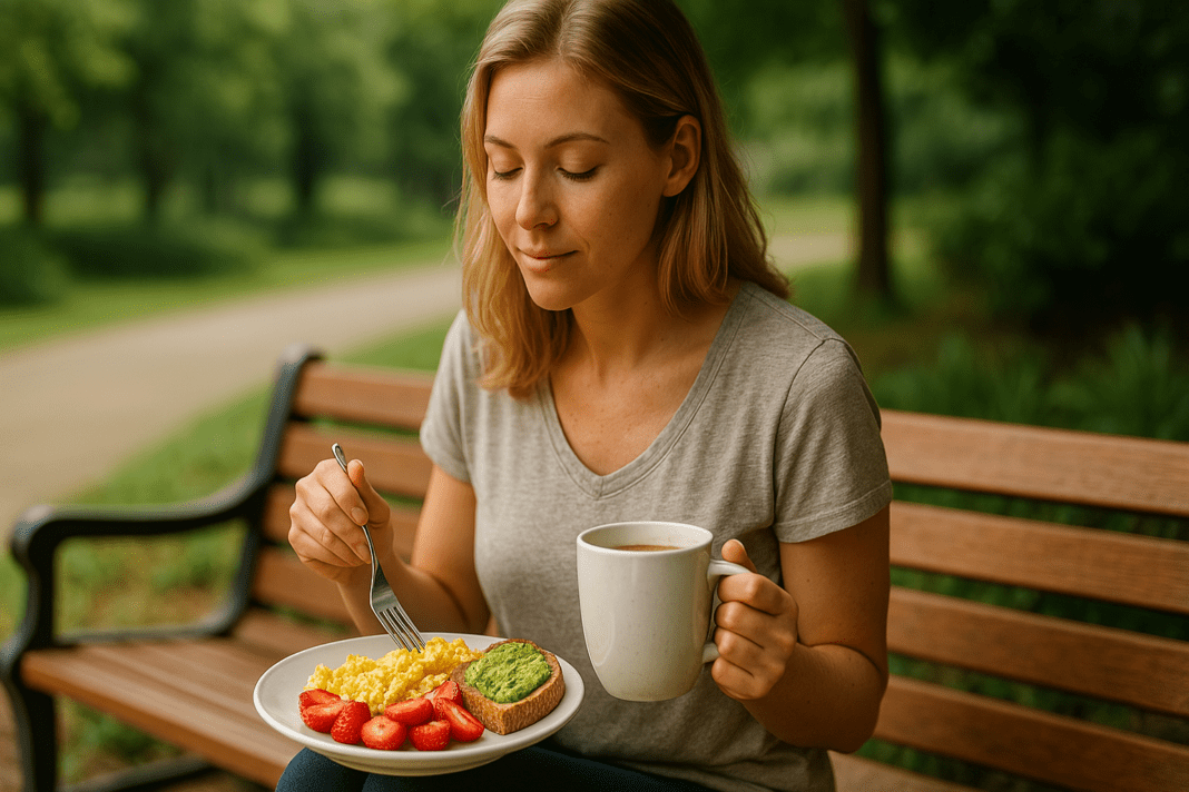 A young blonde woman sits peacefully on a wooden bench in a lush park, enjoying a healthy breakfast of oatmeal, fruit, and toast under soft morning sunlight. The tranquil outdoor setting, natural lighting, and her focused posture reflect expert-approved breakfast ideas for energy and mental clarity.