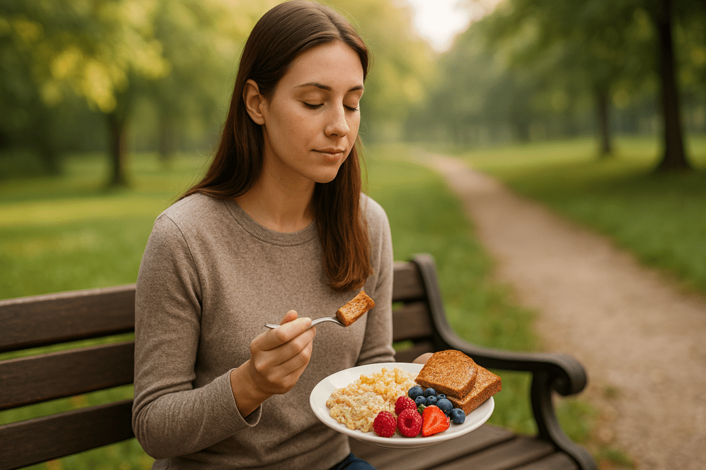 Best Breakfast Foods to Start Your Day Right: Expert-Approved Breakfast Ideas for Energy, Focus, and Fullness 1 A serene breakfast scene shows a young woman enjoying a vibrant morning meal in a sunlit park, with lush greenery in the background. Her plate of healthy food—featuring berries, toast, and eggs—visually supports the theme of best breakfast foods to start your day right with freshness and balance.