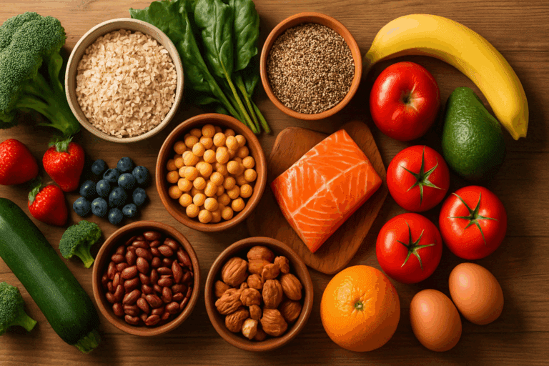 Flat-lay of fresh whole foods including salmon, eggs, fruits, leafy greens, legumes, and grains on a rustic table representing clean eating.