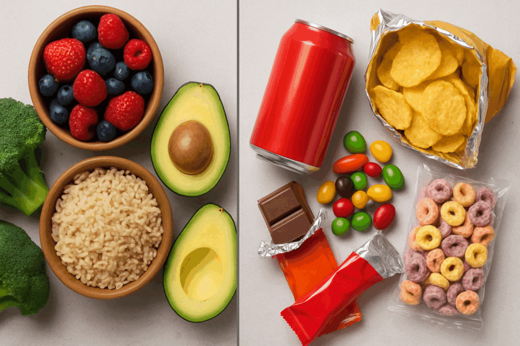 Side-by-side comparison of clean eating whole foods like berries, broccoli, rice, and avocados next to ultra-processed snacks like chips, soda, and candy.