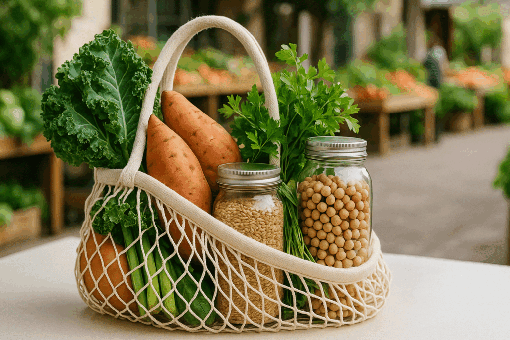 Reusable grocery bag filled with clean eating essentials like leafy greens, sweet potatoes, herbs, legumes, and whole grains in glass jars at a farmers’ market.