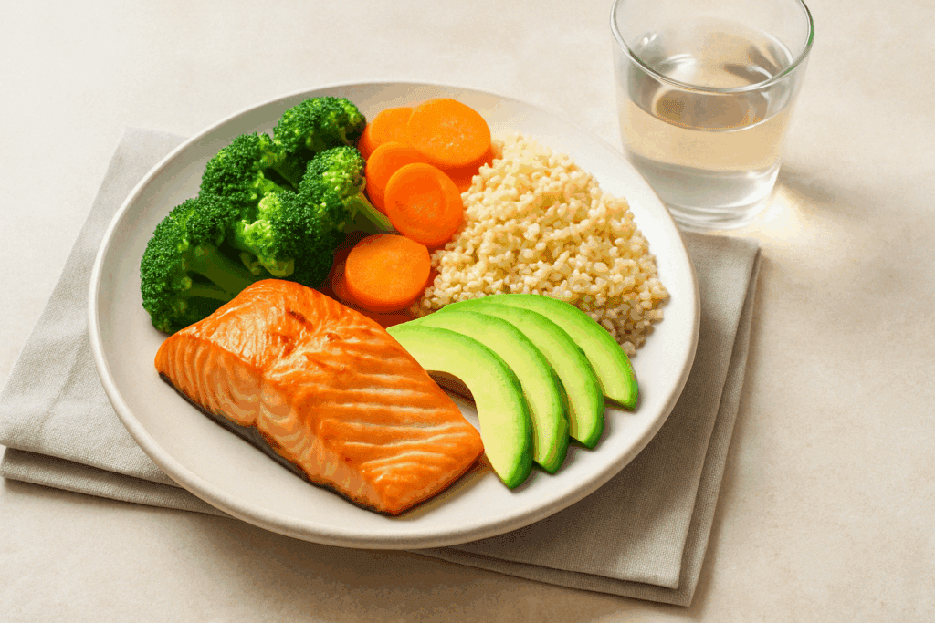Balanced clean eating meal with grilled salmon, steamed broccoli and carrots, quinoa, avocado slices, and a glass of water.