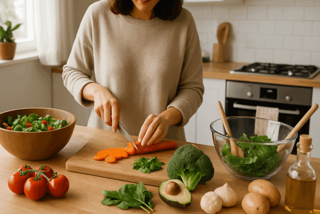 Woman meal prepping fresh vegetables in a bright kitchen as part of a clean eating routine