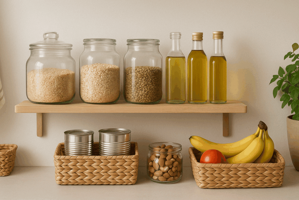 Well-organized pantry shelf in a minimalist kitchen stocked with clean eating staples like brown rice, oats, lentils, nuts, canned beans, healthy oils, and fresh fruit in glass jars and baskets.