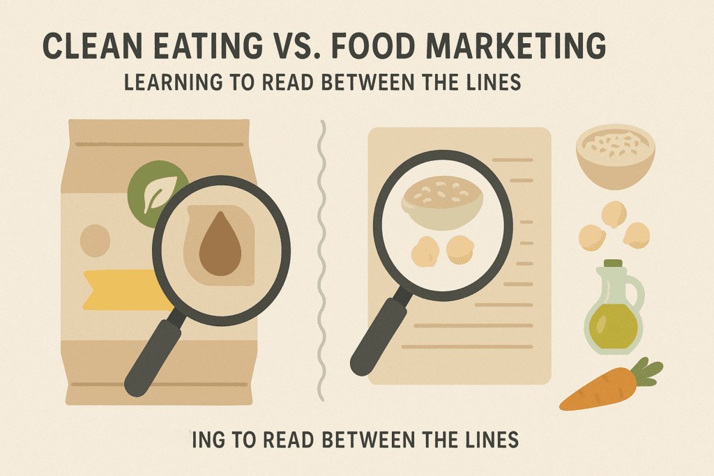 Visual comparison of food marketing claims and clean eating ingredients with magnifying glasses revealing package labels and whole foods like oats and olive oil