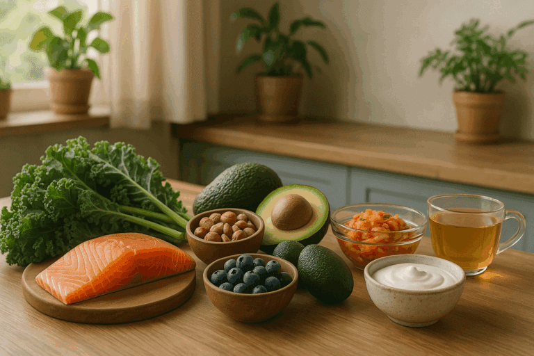 Whole, nutrient-rich ingredients like salmon, avocado, berries, and kimchi linked to cortisol triggering foods, displayed on a wooden kitchen counter with soft natural light.