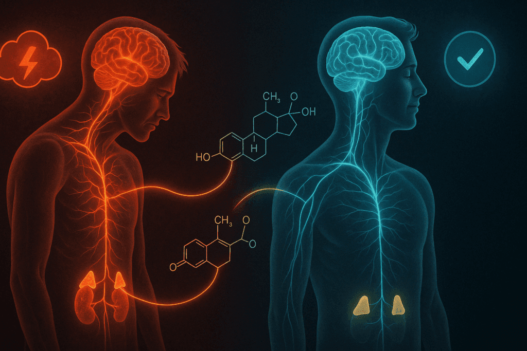 Conceptual illustration of stressed and calm human figures showing adrenal glands, brain, and nervous system, highlighting the effects of Cortisol Triggering Foods on hormonal balance.