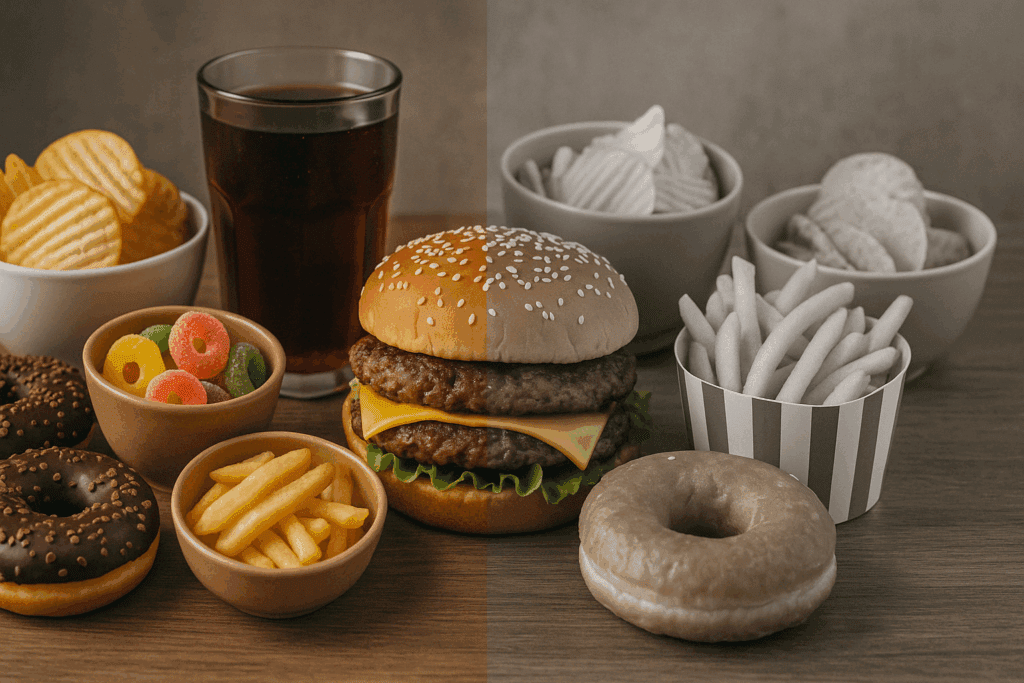 Side-by-side display of Cortisol Triggering Foods including burgers, fries, donuts, and soda, with half shown in grayscale to highlight their negative effects