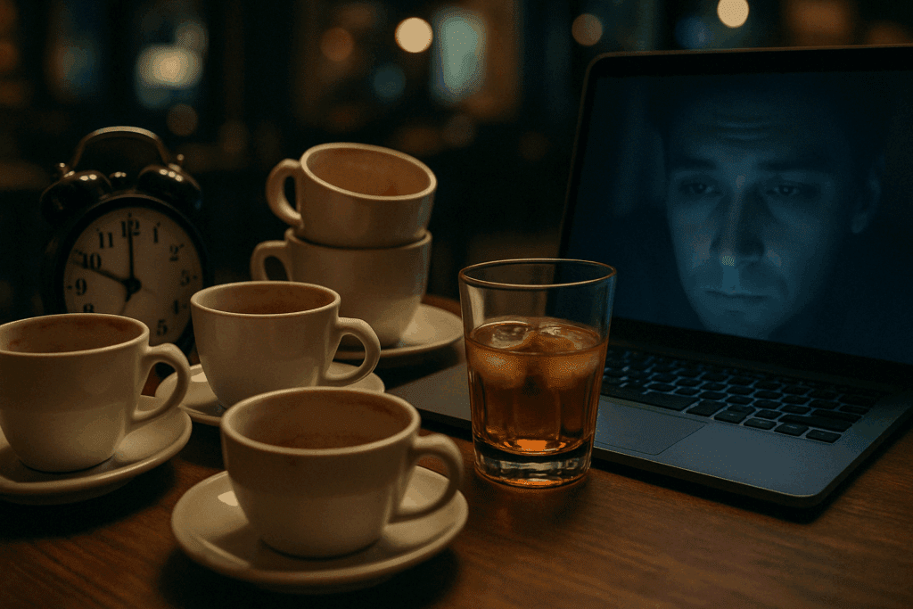 Cluttered coffee shop table with empty coffee cups, a whiskey glass, and a glowing laptop—visualizing Cortisol Triggering Foods and overstimulation.