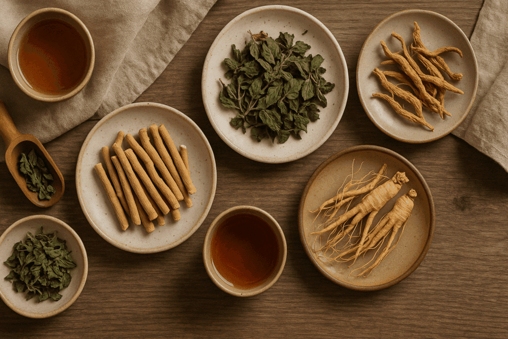 Flat lay of cortisol triggering foods including dried ashwagandha, rhodiola, holy basil, and ginseng roots on ceramic plates with herbal teas on a rustic wooden table.