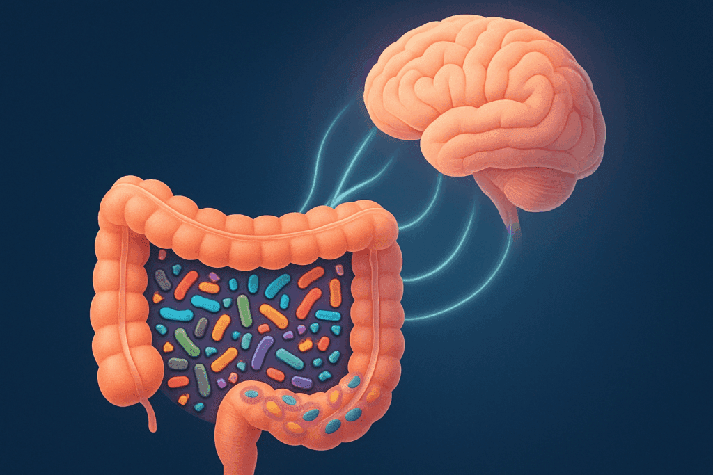 Cross-section of human gut showing diverse microbiota with glowing neural pathways to brain, illustrating effects of Cortisol Triggering Foods on the gut-brain axis
