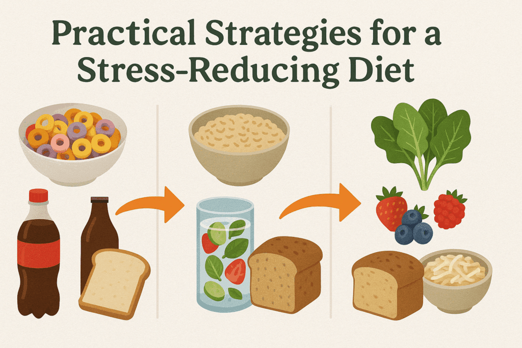 Visual guide showing Cortisol Triggering Foods like soda and sugary cereal, with healthy swaps and stress-reducing alternatives like leafy greens and berries.