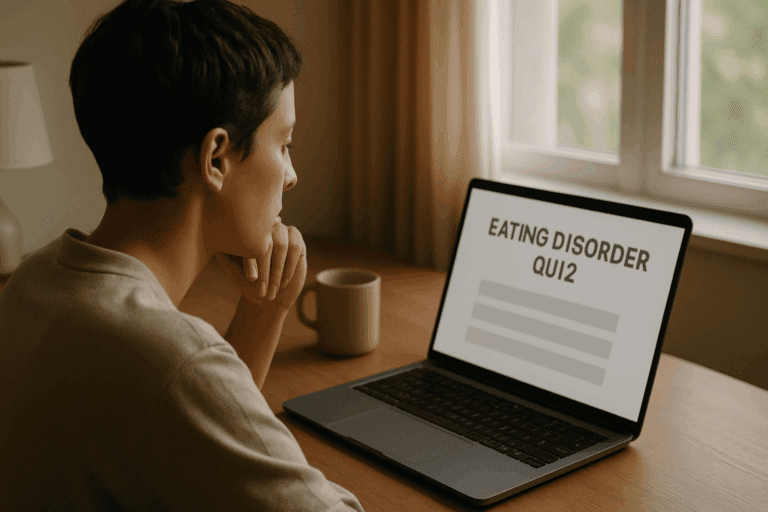 A person with short dark brown hair sits at a wooden desk, thoughtfully looking at an eating disorder quiz on their laptop. Soft natural light shines through a window behind them, creating a calm and introspective atmosphere. A beige mug rests on the desk, adding to the serene setting. The image evokes a sense of self-reflection and openness.