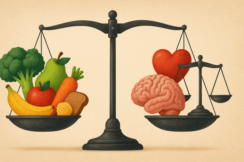 A conceptual illustration of a balanced scale. On the left pan, there are various food items, including broccoli, a pear, an apple, a banana, a carrot, a slice of bread, and a snack. On the right pan, symbolic representations of emotional and psychological health are depicted, including a heart, a brain, and the scales of justice. The warm beige background complements the balance between physical and emotional well-being