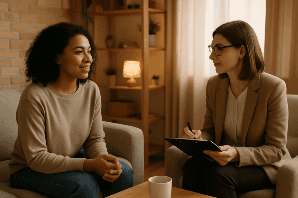 Therapist and client engaged in a supportive therapy session in a cozy office, creating a warm and inviting atmosphere for healing
