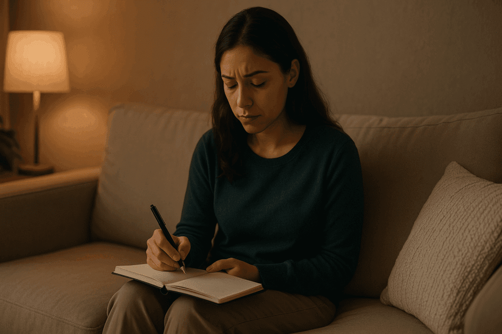 A young woman sitting on a beige sofa in a cozy, dimly lit room, thoughtfully writing in a notebook, reflecting on her eating habits. The scene conveys introspection and concern, with soft lighting creating a peaceful atmosphere.