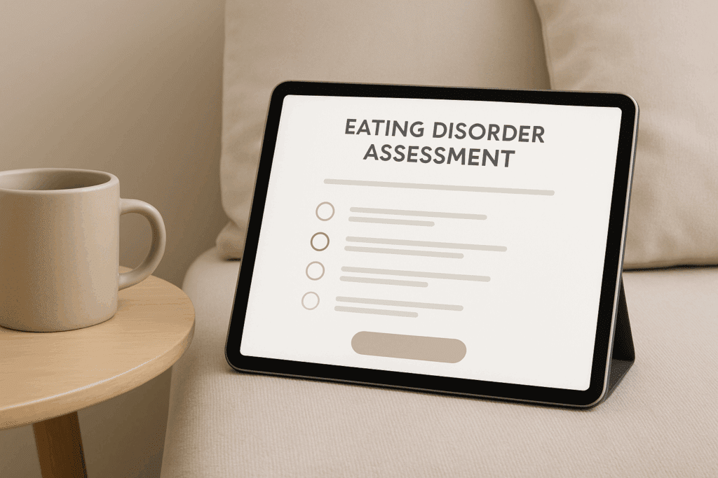 A digital tablet displaying a modern eating disorder assessment quiz on a beige fabric couch, with a neutral-toned ceramic mug on a light wood coffee table in the background, illustrating a comfortable and accessible setting for taking the quiz