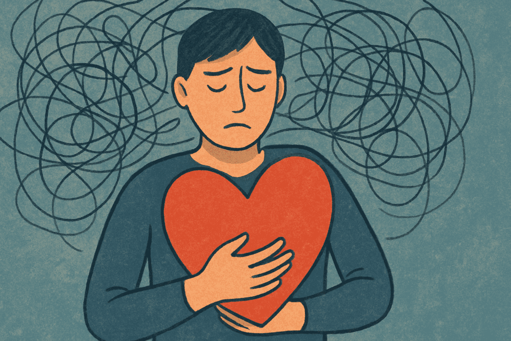 A person holding a large red heart against their chest, surrounded by swirling tangled lines symbolizing emotional turmoil and psychological struggles, representing the deeper issues of eating disorders beyond food.
