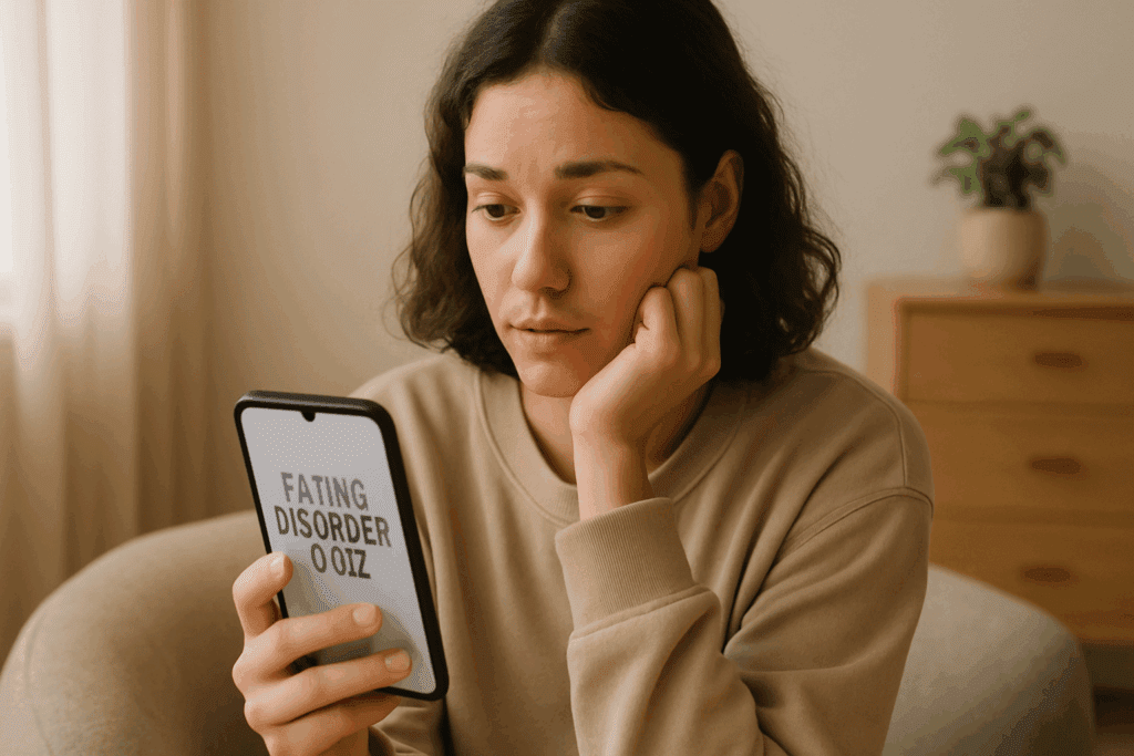 Young woman with light skin and dark brown hair thoughtfully looking at an eating disorder quiz on her phone in a calm, serene environment, evoking a sense of vulnerability and openness to self-discovery