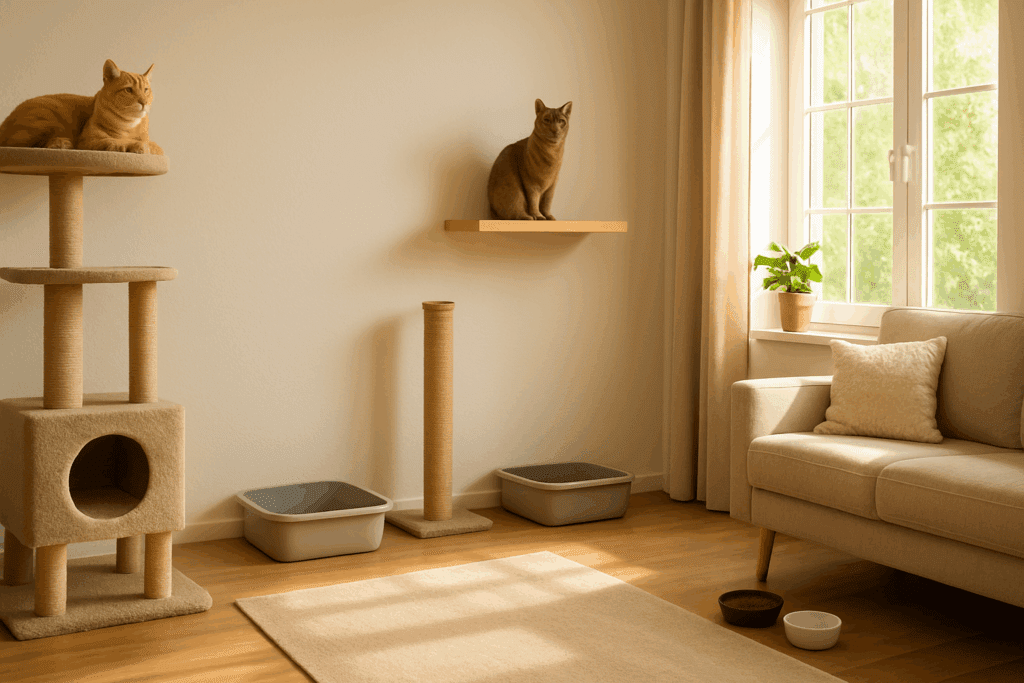 Dr. Elsey’s Approach to Cat Psychology: Understanding Feline Behavior 3 Cat-friendly living room with climbing shelves, litter boxes, and separate food and water stations, illustrating principles of cat psychology.