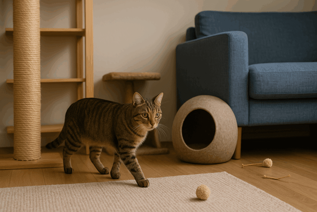 Dr. Elsey’s Approach to Cat Psychology: Understanding Feline Behavior 1 Tabby cat confidently exploring a cozy living room with toys, climbing structures, and hideouts, illustrating cat psychology in a home environment.