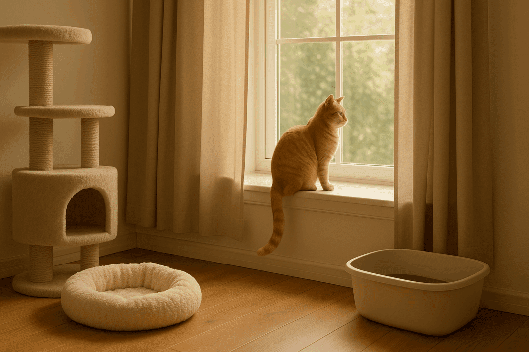 Sunlit room with a calm orange tabby cat on a windowsill, enriched with a cat tree, cozy bed, and litter box, illustrating cat psychology in a serene home environment
