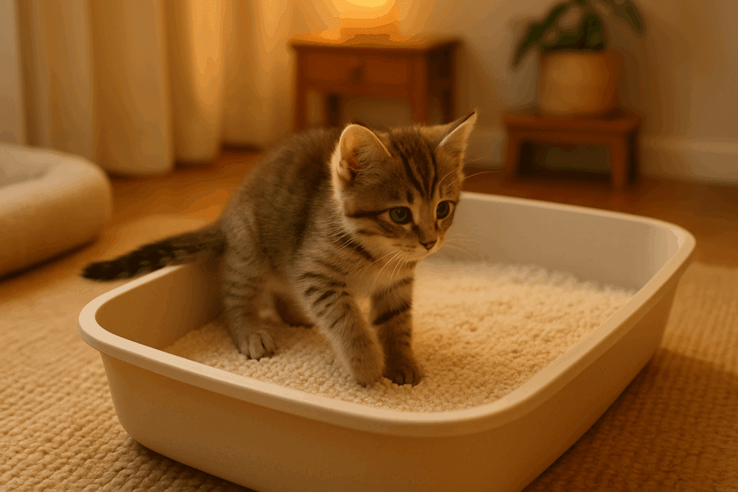 Young tabby kitten exploring a clean litter box in a cozy room, illustrating a nurturing environment for Safeguarding Kittens.