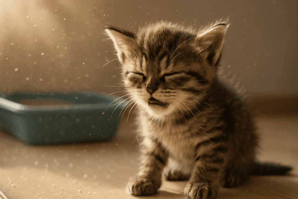 Tiny kitten showing signs of respiratory distress in sunlit room with airborne litter particles, illustrating the importance of Safeguarding Kittens.