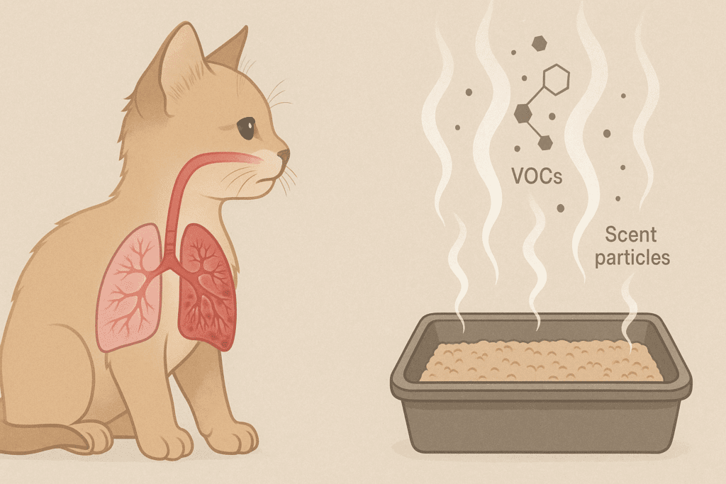 Medical-style illustration showing lung irritation in a kitten from litter box fumes, highlighting Safeguarding Kittens from respiratory harm.