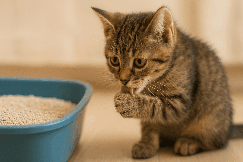 Curious kitten licking litter-covered paw beside scented litter box, highlighting Safeguarding Kittens from toxic exposure.
