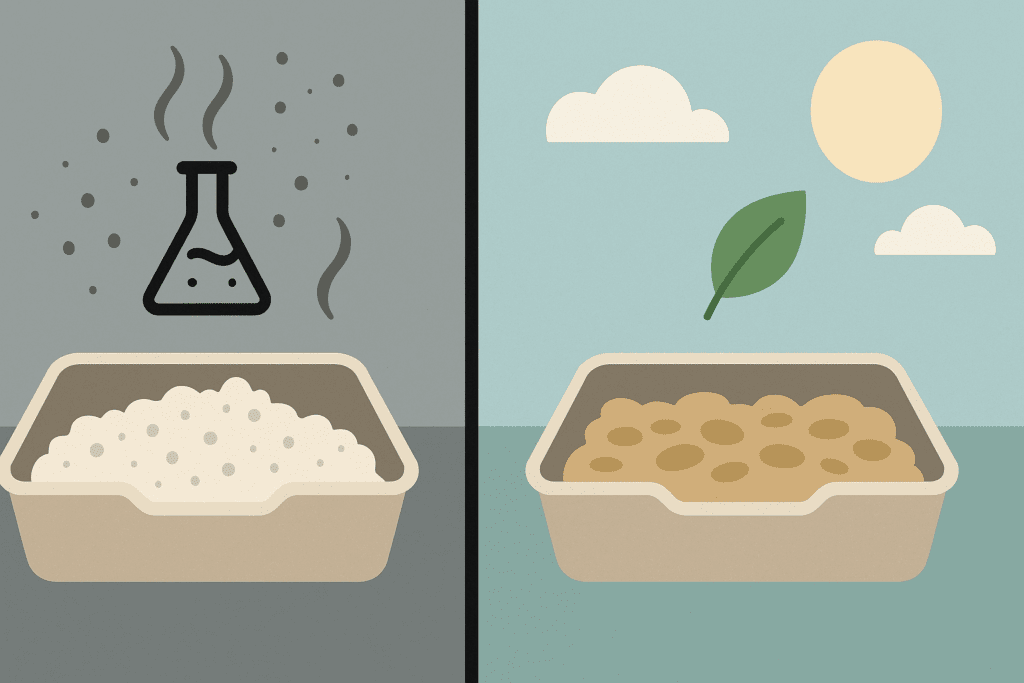 Visual comparison illustrating Safeguarding Kittens by showing unsafe scented litter with fumes beside natural, dust-free litter in a clean environment