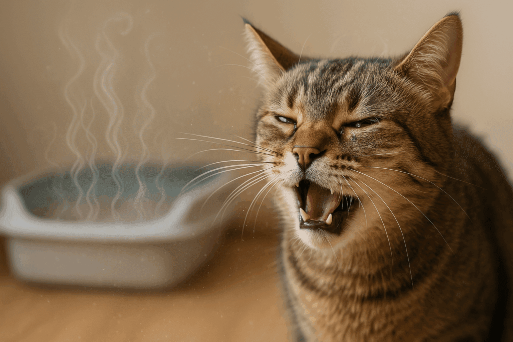 Cat mid-sneeze near scented litter box, with visible fragrance wisps and airborne dust in a warmly lit home.