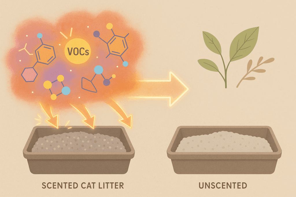 Diagram contrasting scented litter emitting colorful chemical compounds with natural, chemical-free unscented litter