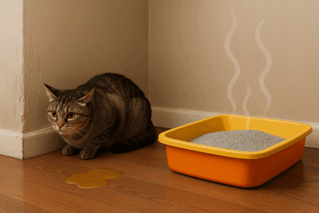 Distressed cat crouching near a brightly colored litter box with scented litter, avoiding the box in a domestic setting.