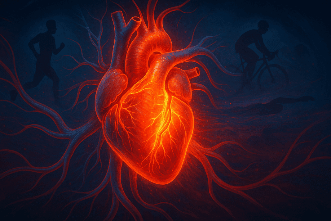 Artistic illustration of a glowing human heart pumping during exercise, surrounded by arteries and silhouettes of a runner, cyclist, and swimmer—visually exploring what causes cardiovascular disease.