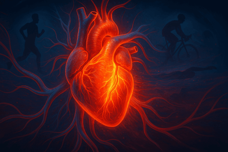 Artistic illustration of a glowing human heart pumping during exercise, surrounded by arteries and silhouettes of a runner, cyclist, and swimmer—visually exploring what causes cardiovascular disease.